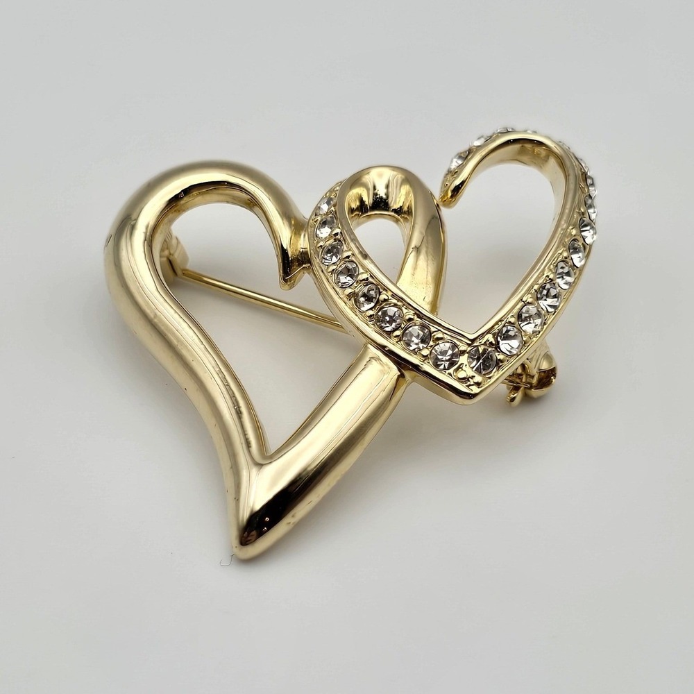 Vtg Gold Tone Double Heart Pin Brooch Glass Rhinestone Love‎ Romantic Wedding